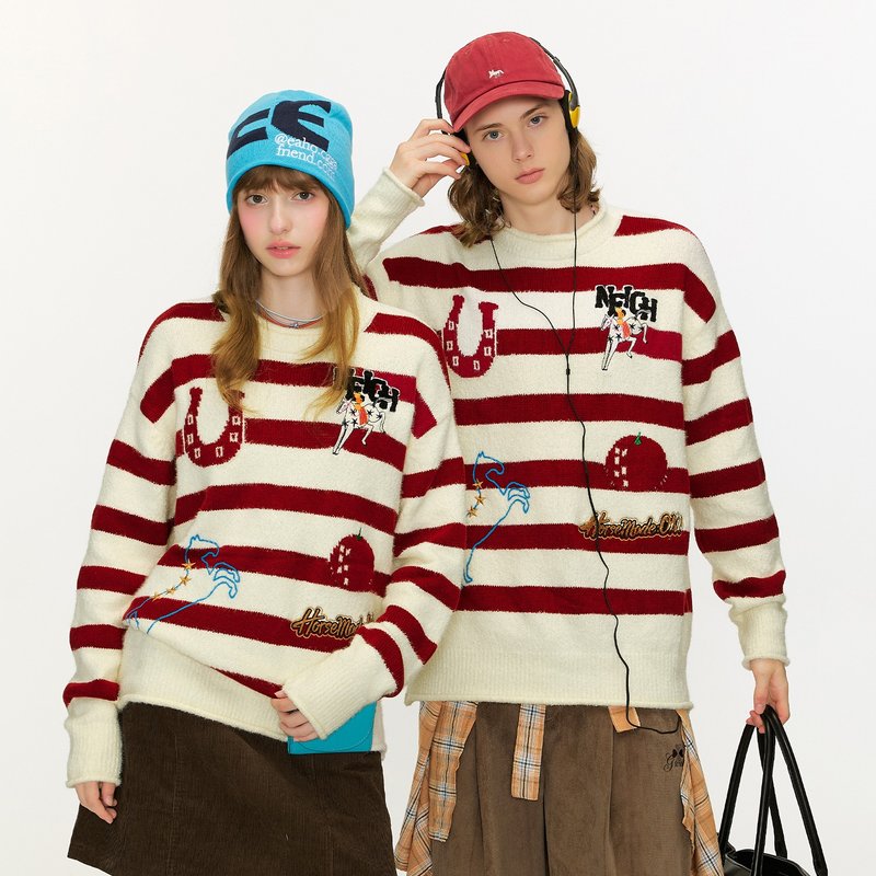 情侣刺绣圣诞针织衫 马年本命年衣服红白撞色条纹毛衣 - 男装针织衫/毛衣 - 棉．麻 