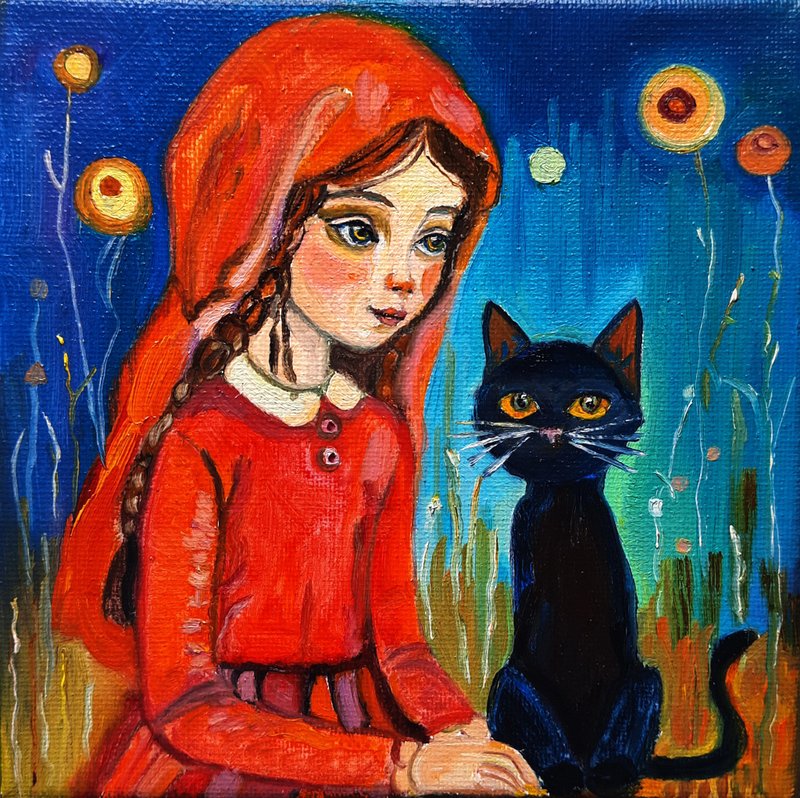 小女孩绘画原创艺术小幅油画 15sm x 15sm - 墙贴/壁贴 - 其他材质 红色