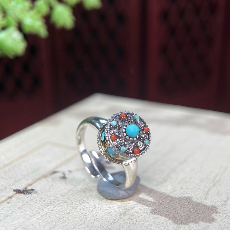 藏式转经筒银镶绿松石南红银开口戒指 重工S925复古银 六字真言 - 戒指 - 银 