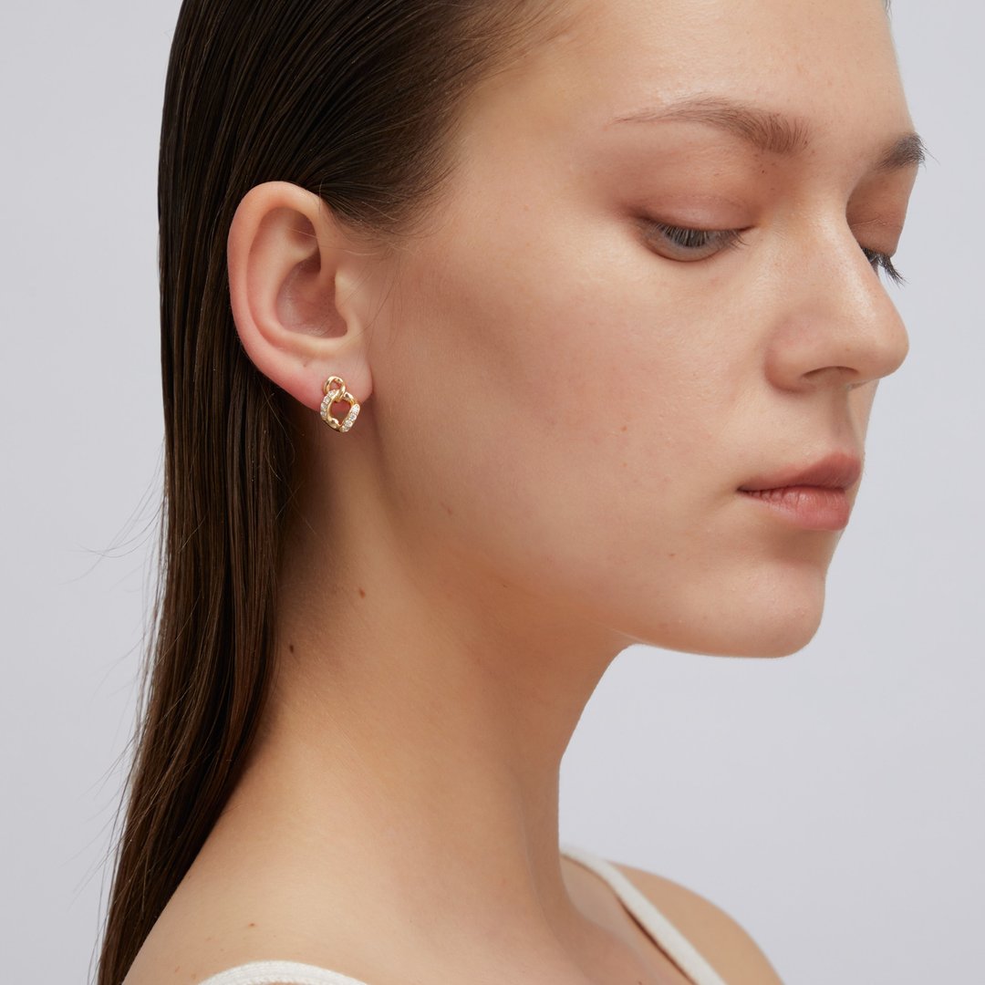 链结宝石耳环 925银厚镀18K金 Duo Rhombus Earring - 耳环/耳夹 - 纯银 金色