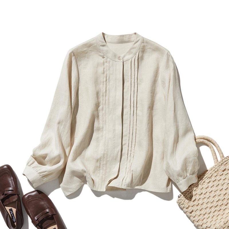 自然风格亚麻衬衫 透气舒适 简约设计 轻便休闲 米色  250412-3 - 女装衬衫 - 棉．麻 