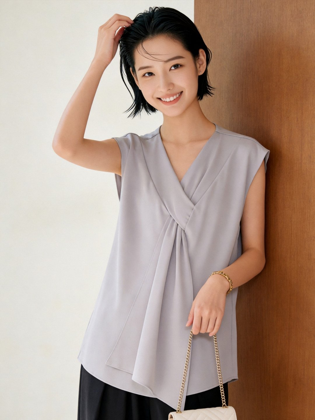 仿领带式丝巾 无袖衬衫 - 女装上衣 - 聚酯纤维 灰色