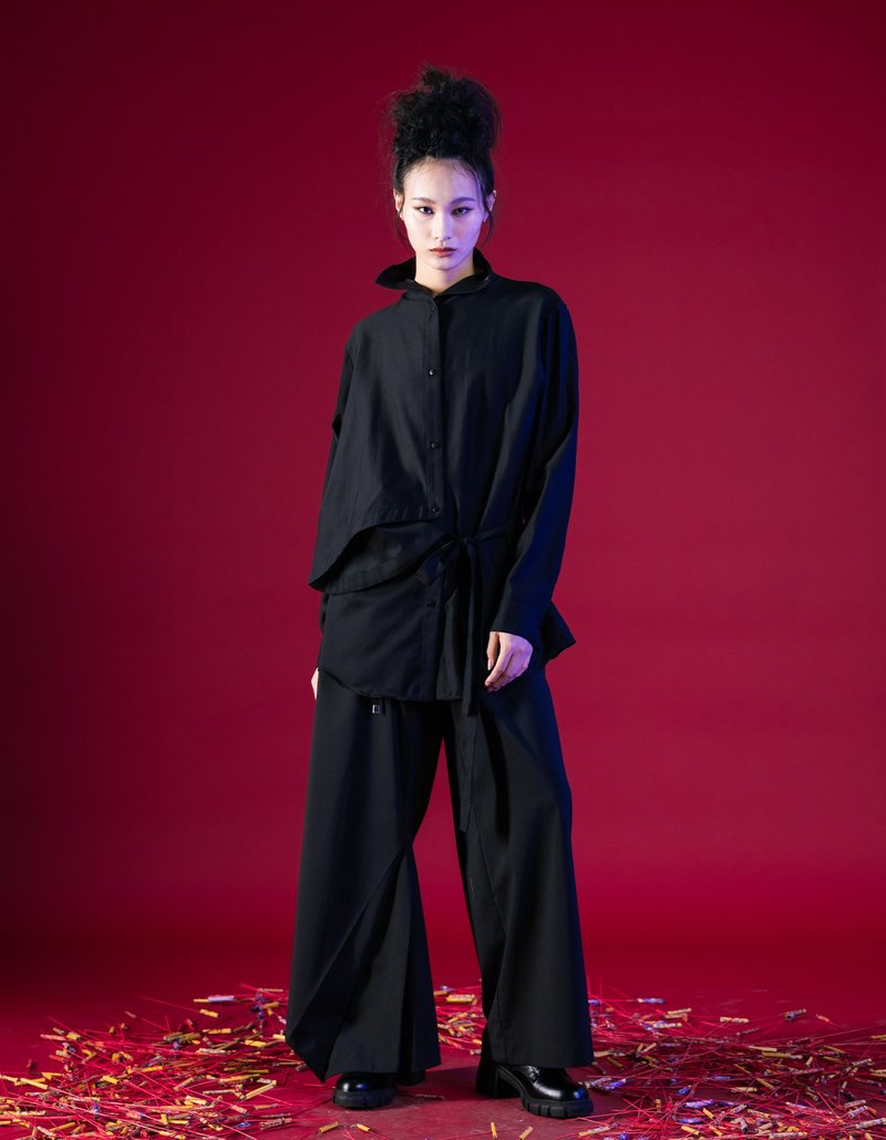 立领不对称解构衬衫 - 女装衬衫 - 棉．麻 黑色