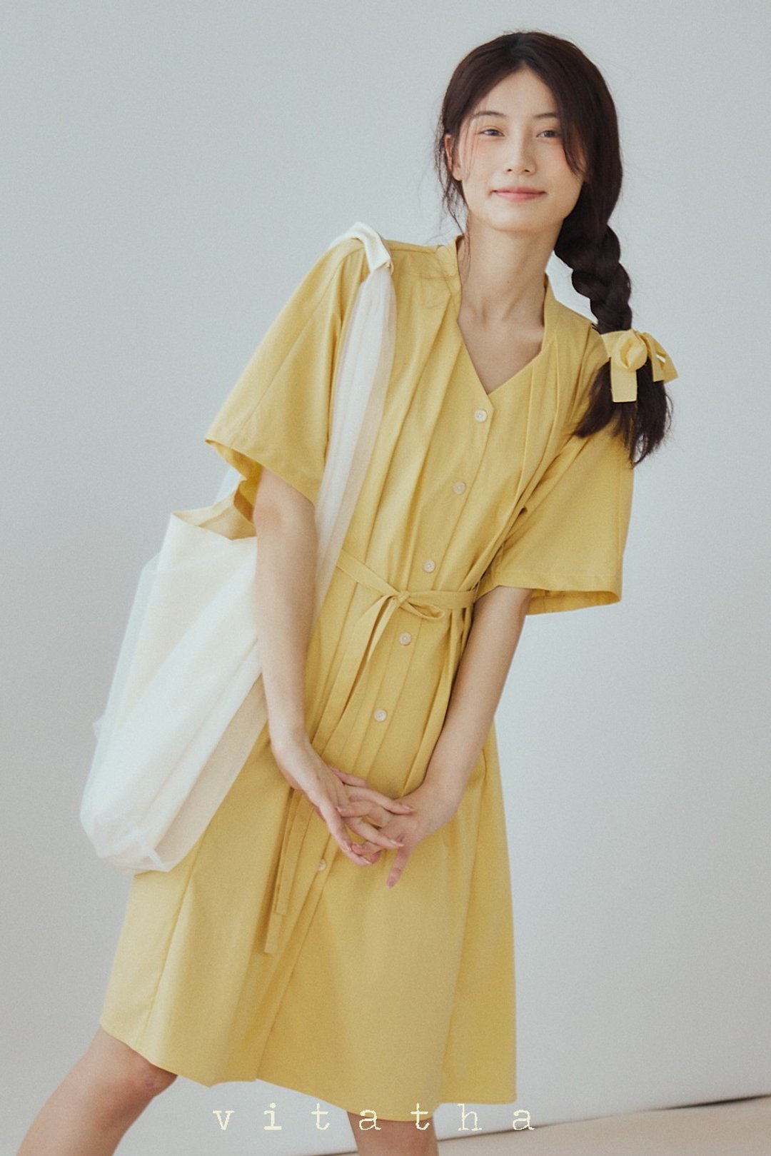 黄色 2色 绝美小众领口打褶短袖洋装 显瘦百搭复古系带宽松连身裙 - 洋装/连衣裙 - 其他人造纤维 黄色