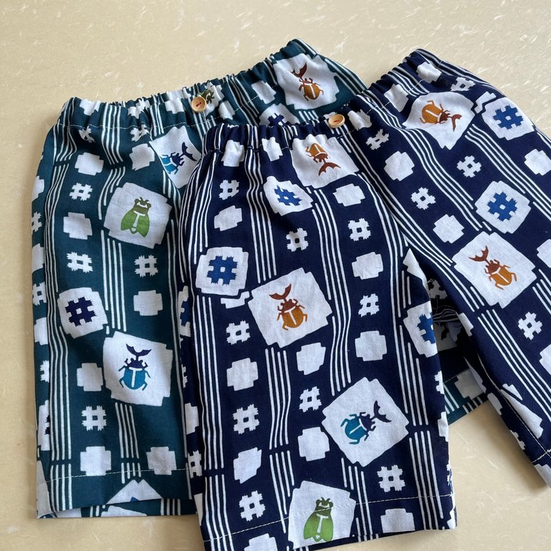 儿童浴衣短裤，印有染色甲虫和蝉，海军蓝色，尺寸 100-130，可订制 - 童装裤 - 棉．麻 蓝色