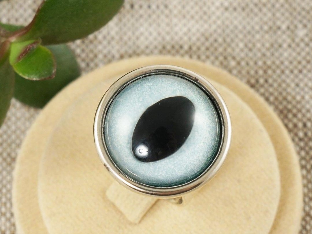 Light Blue Cat Eye Ring Evil Eye Round Silver Adjustable Protection Ring Jewelry - 戒指 - 其他材质 银色