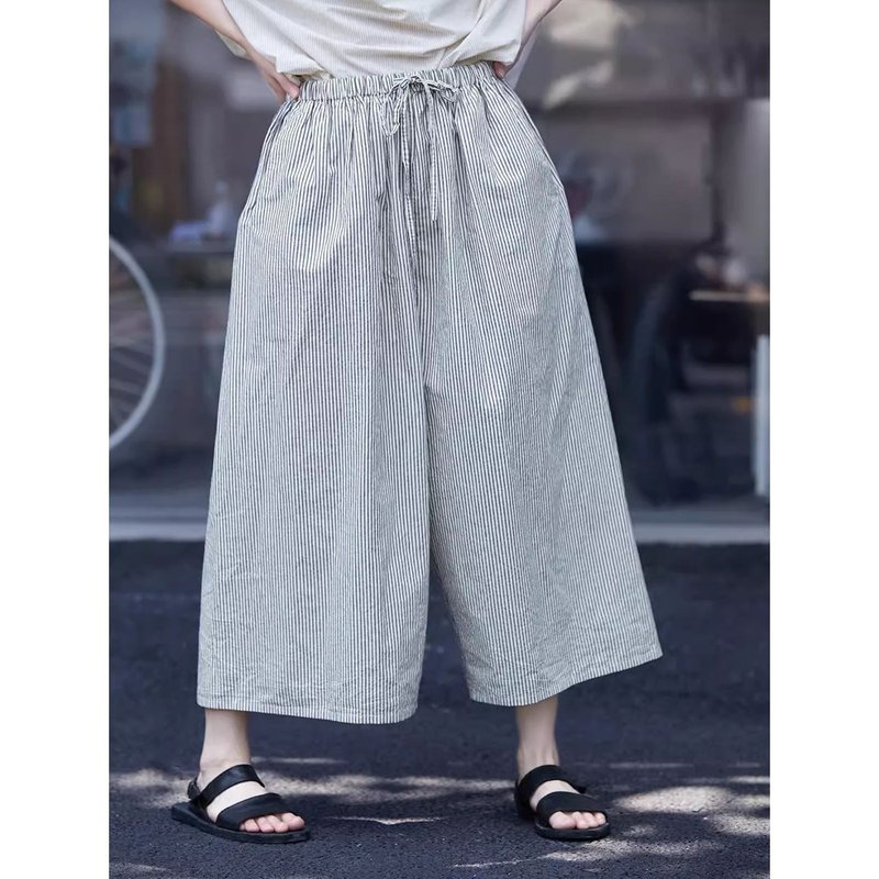 黑米条纹棉松紧腰休闲阔腿裤 - 女装长裤 - 棉．麻 
