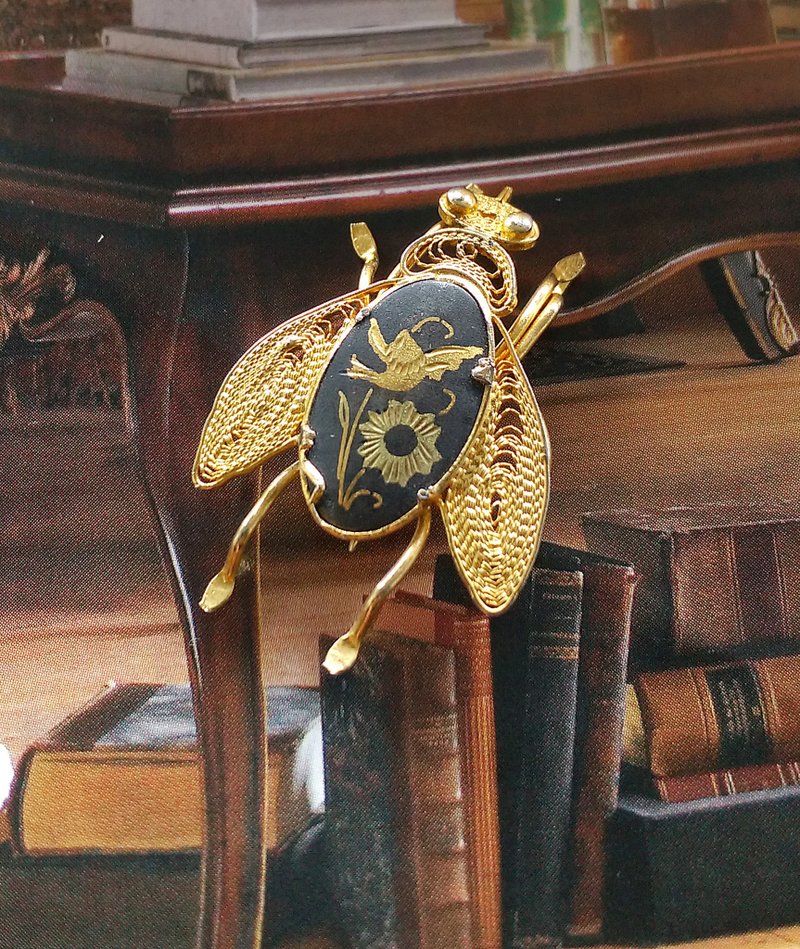 【美国西洋古董饰品】Damascene 西班牙大马士革 昆虫 蝉鸣 别针 - 徽章/别针 - 其他金属 金色