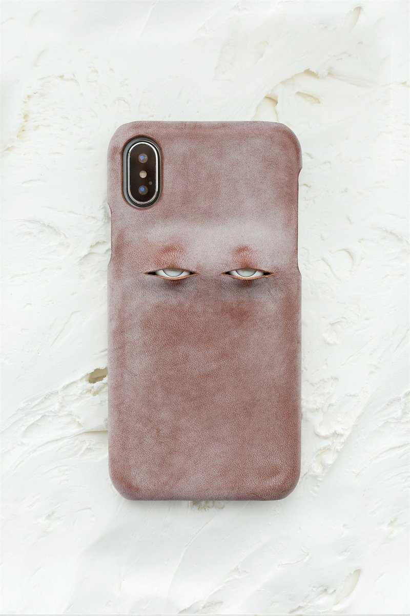 咖啡色 翻白眼設計 手工真皮iPhone手機殼 保護套 意大利植鞣牛皮 - 手机壳/手机套 - 真皮 咖啡色