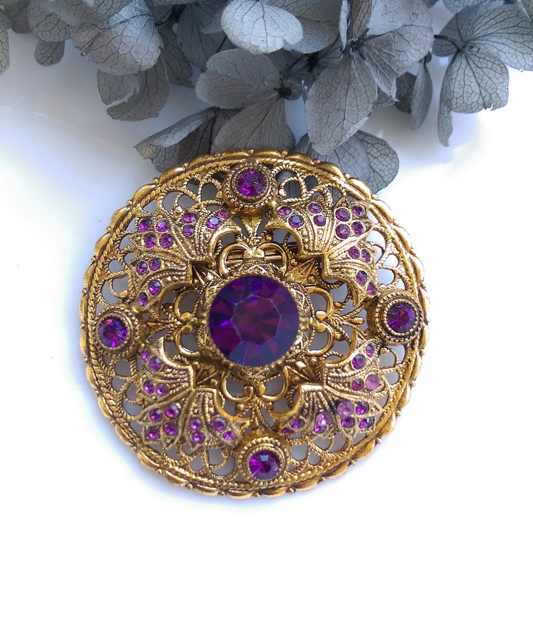 Vintage Jewelry 西洋古董饰品 立体 蕾丝 优雅紫钻 花形 别针 - 徽章/别针 - 其他金属 金色