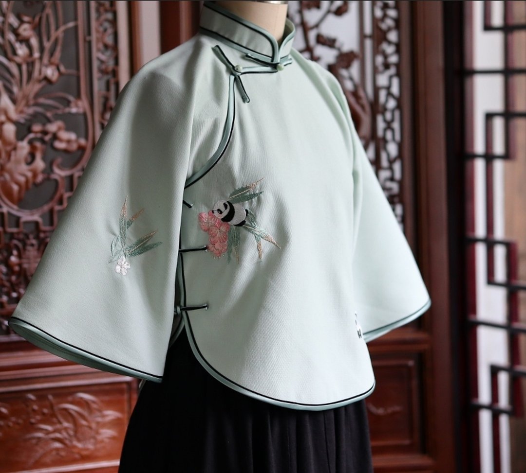 【竹叶熊猫】民国复古风  绣花平裁圆摆中式倒大袖旗袍上衣 - 女装上衣 - 其他材质 绿色
