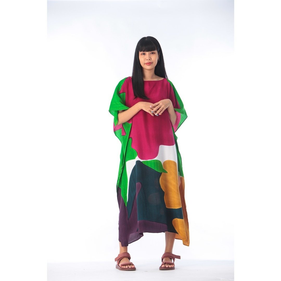 Hand Painted Cotton Silk Kaftan for Summer Resort Vacation F - 洋装/连衣裙 - 棉 绿色