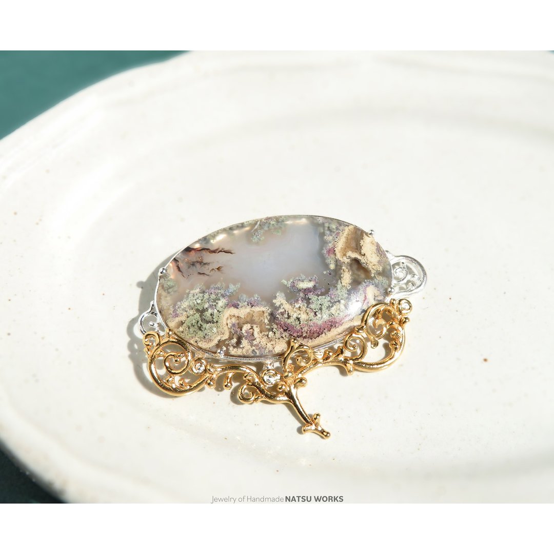 苔藓玛瑙 胸针 / Moss Agate Brooch 158 - 胸针 - 宝石 绿色