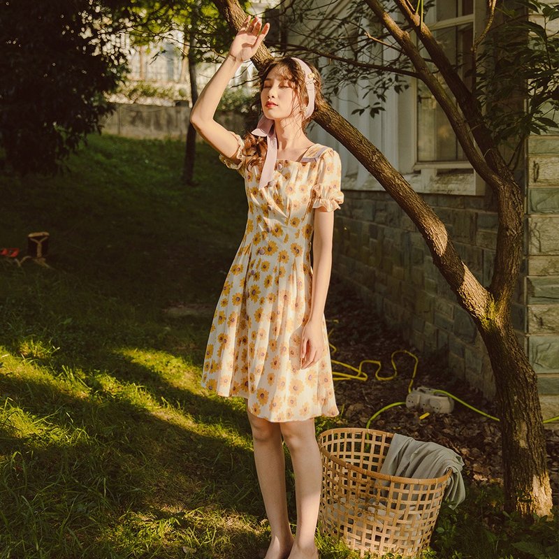 2019新款季日系甜美洋装贴边翻领收腰碎花连身裙YFX9507 - 洋装/连衣裙 - 其他材质 