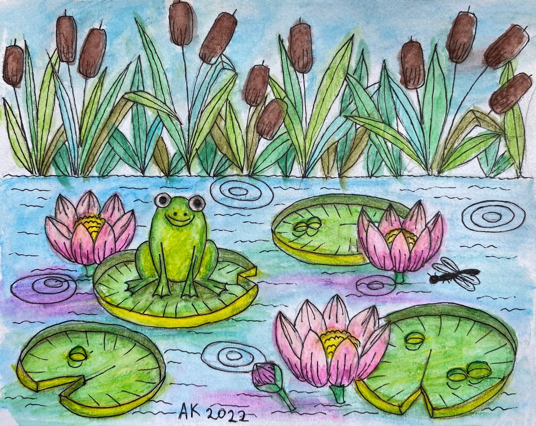 青蛙池塘，水彩画，自然插画，睡莲，可爱的动物 - 墙贴/壁贴 - 其他材质 绿色