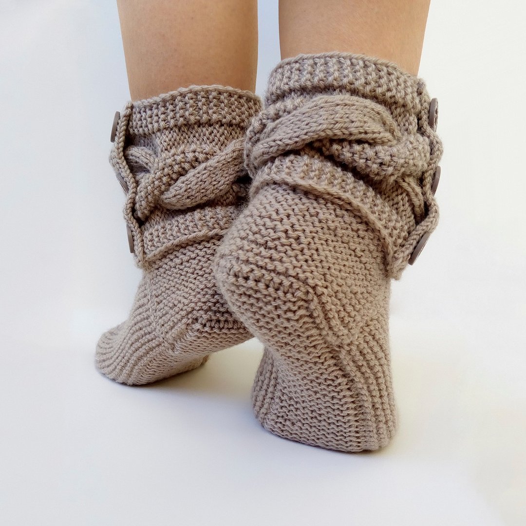 Cable Knit Slippers Knitted Slippers Women Socks Wool Slipper Boots Bed Socks - 女款短靴 - 羊毛 咖啡色