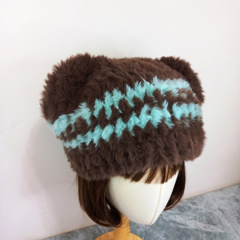 薄荷黑巧小熊帽 皮草毛线帽  手钩编织帽 - 帽子 - 其他人造纤维 咖啡色