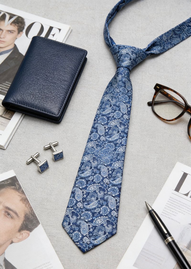 藍色佩斯利領帶腰果花獨特tie禮盒裝 - 领带/领带夹 - 棉．麻 蓝色