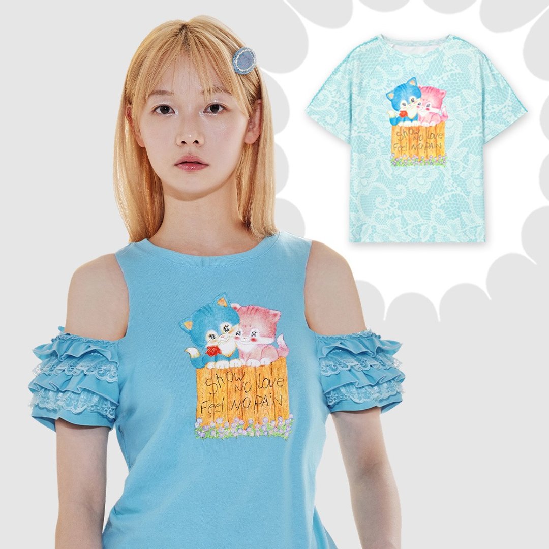 蓝色小猫短袖露肩花边款仿蕾丝印花oversize款 - 女装上衣 - 其他材质 多色