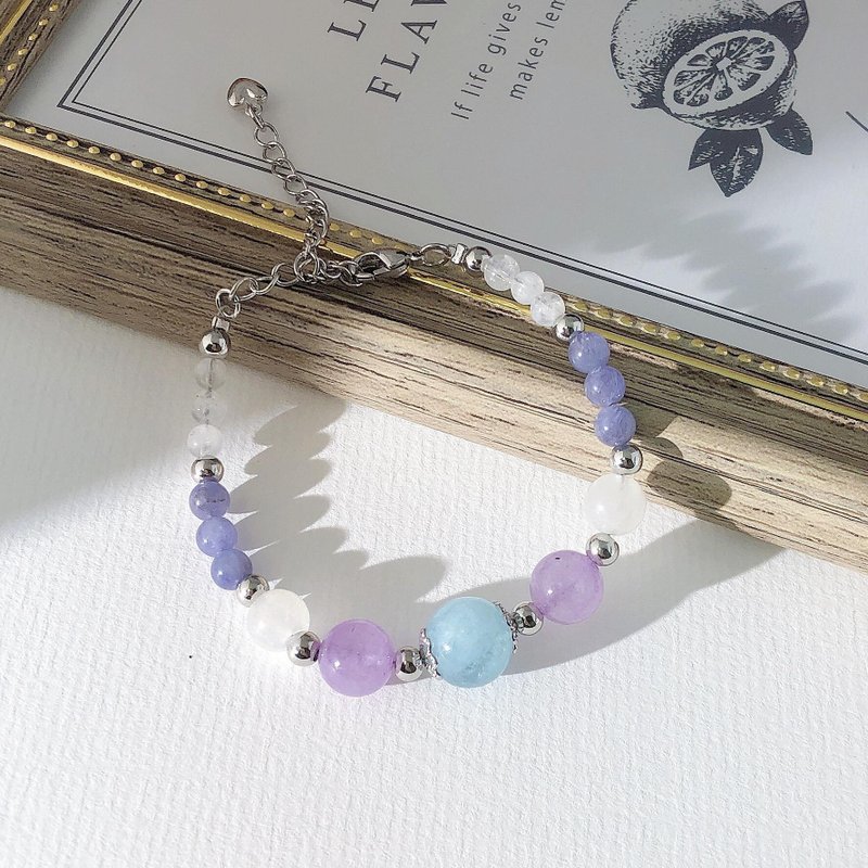 坦桑石  海蓝宝  紫晶 月亮石 水晶手链 天然石 生日礼物 爱情 - 手链/手环 - 水晶 蓝色