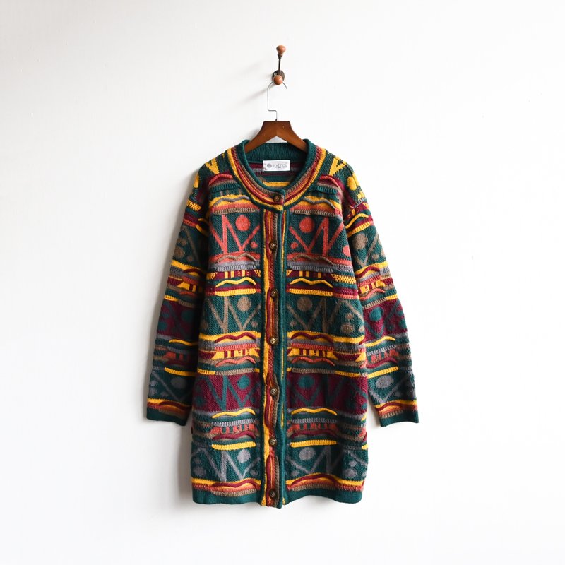 【蛋植物古着】雨林涂鸦精工织花开襟古着毛衣 - 女装针织衫/毛衣 - 其他人造纤维 绿色