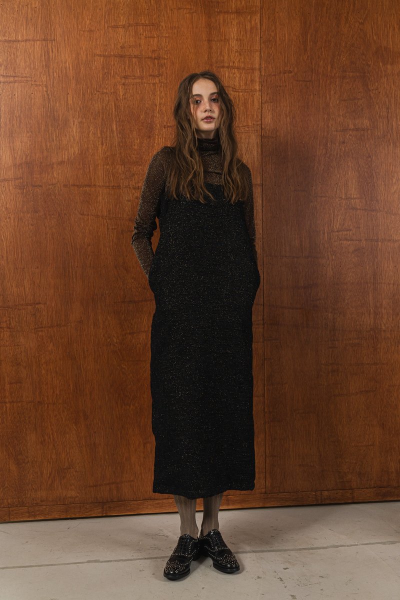 wool gold glitter black midi dress 羊毛金纱细肩带洋装 - 洋装/连衣裙 - 羊毛 黑色