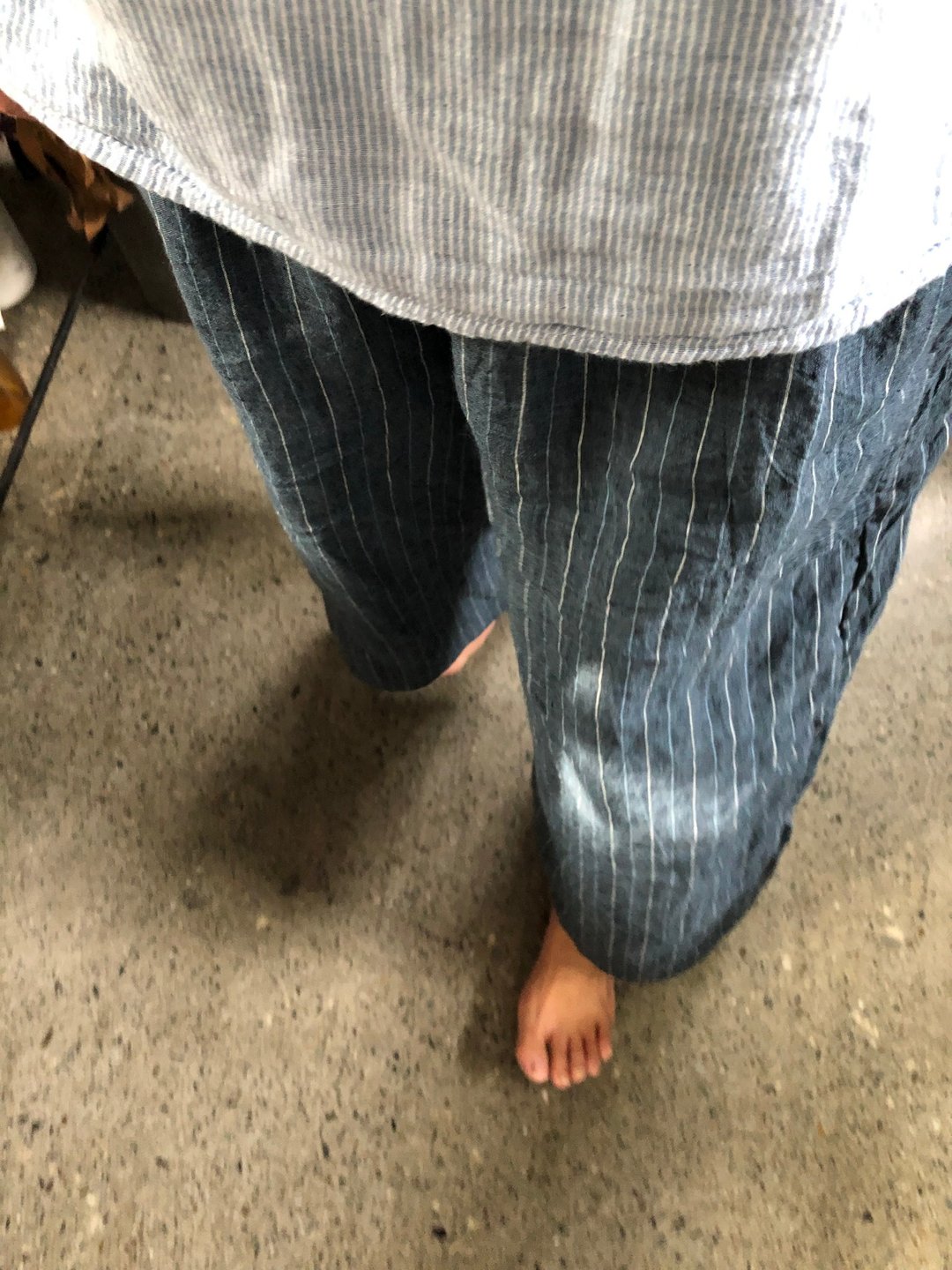 砂洗条纹亚麻宽筒裤 - 女装长裤 - 棉 蓝色