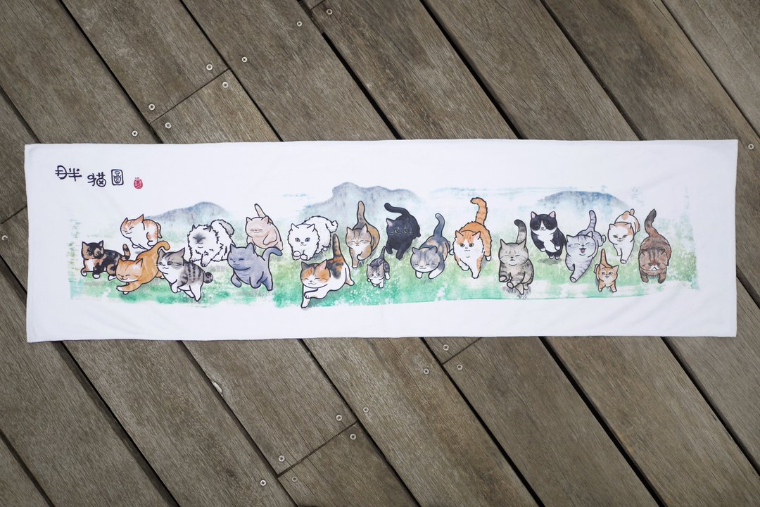 胖猫图 月半猫 毛巾 古画级 水彩画 廿猫奔腾 猫到功成 - 沐浴用品 - 聚酯纤维 白色