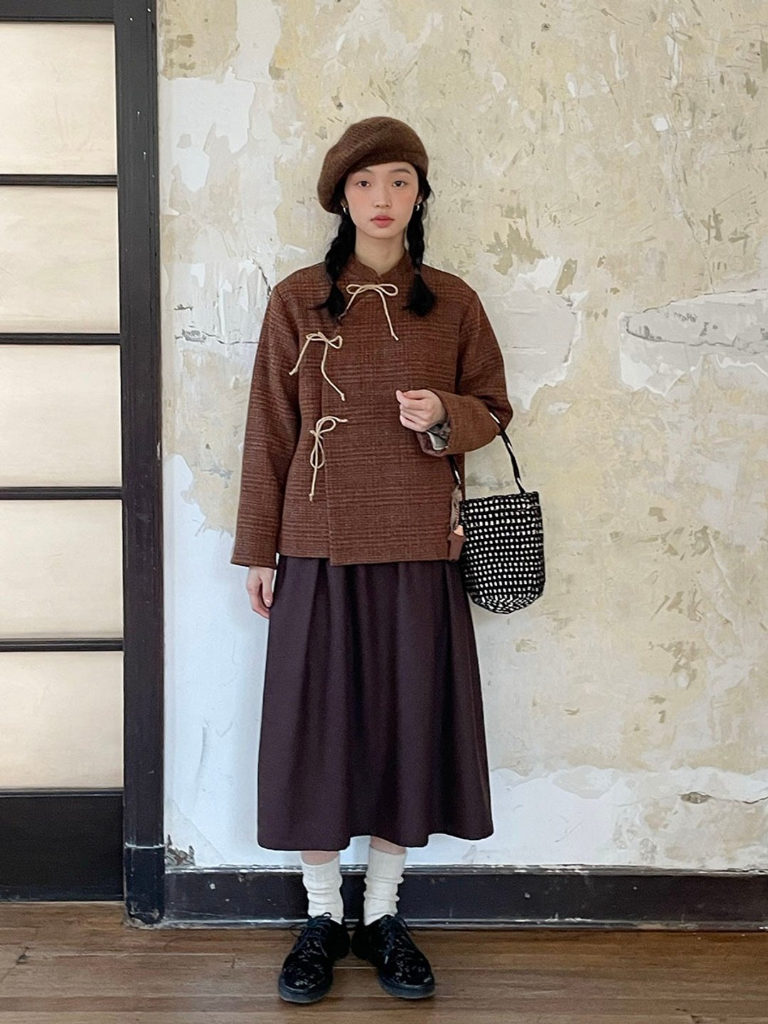 秋冬 羊毛杂色格子 中式立领麻绳绑带小外套 - 女装休闲/机能外套 - 羊毛 多色