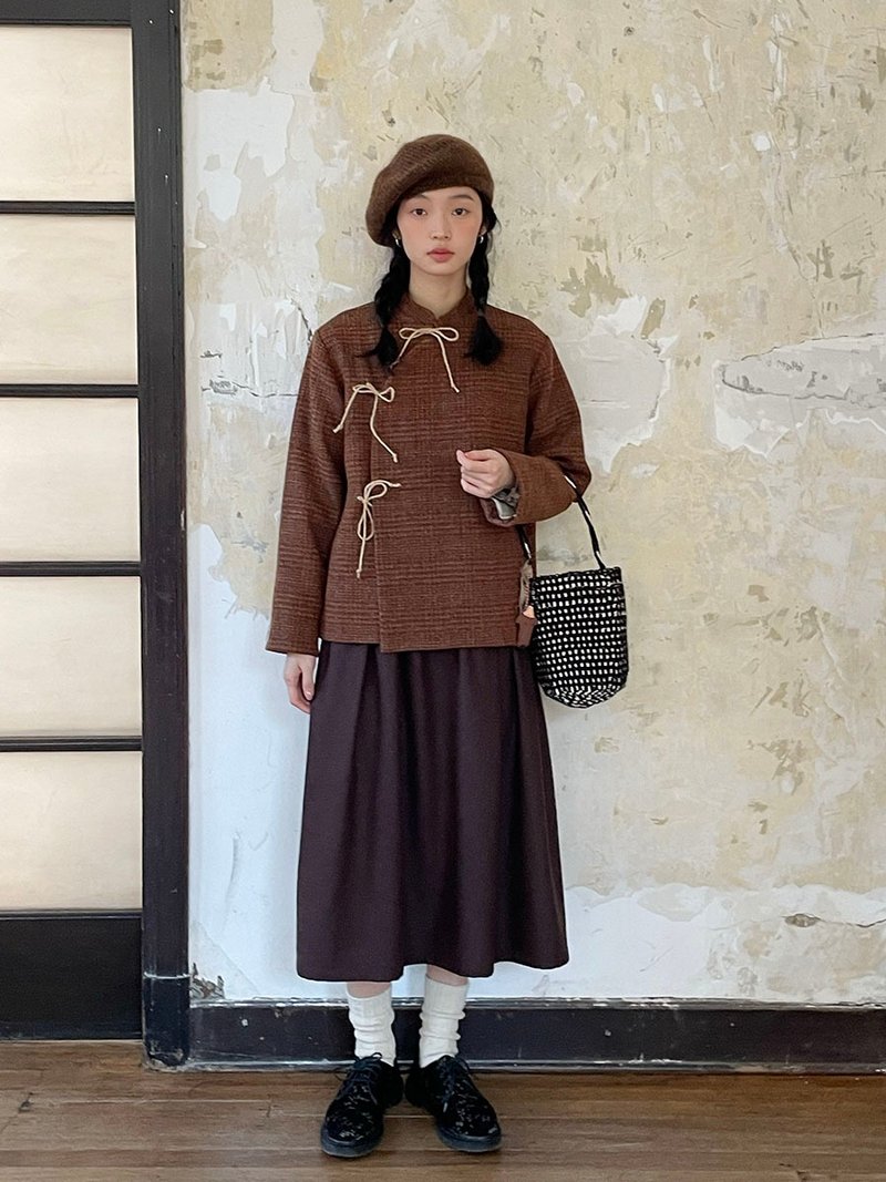 秋冬 羊毛杂色格子 中式立领麻绳绑带小外套 - 女装休闲/机能外套 - 羊毛 多色