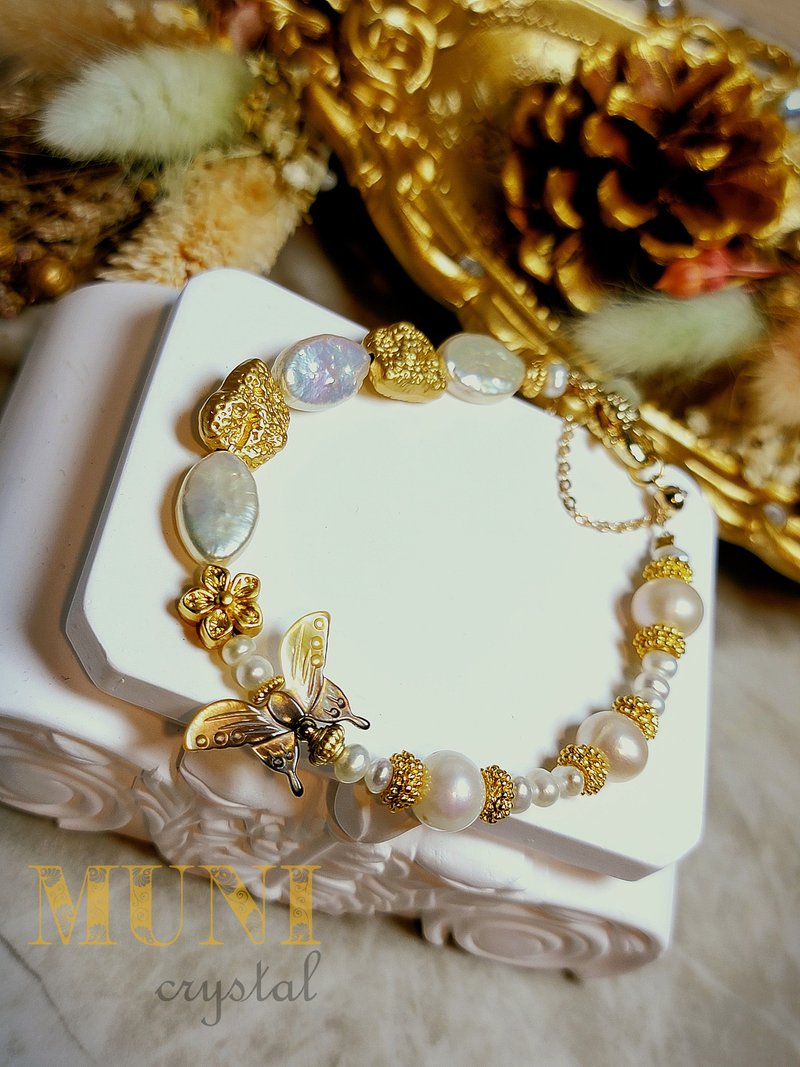 。蝶舞巴洛克。18k金包铜保色天然珍珠蝴蝶华丽气质巴洛克风设计 - 手链/手环 - 珍珠 白色