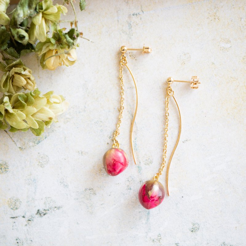 Swaying rose bud earrings/14kgf changeable/P-227 - 耳环/耳夹 - 树脂 红色