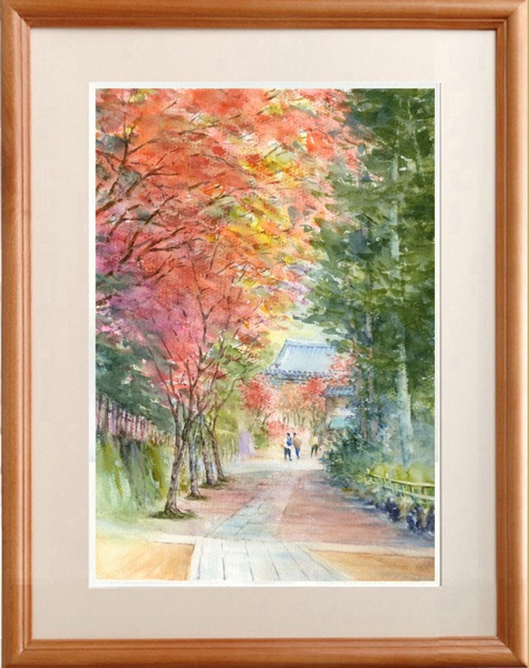Made to order Watercolor original painting Autumn leaves on the approach to Engakuji Temple in Kamakura - 海报/装饰画/版画 - 纸 红色