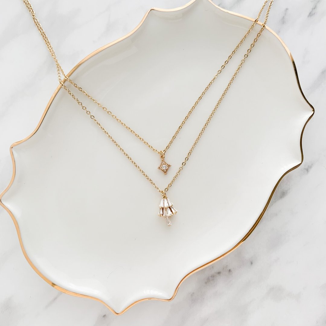The world where time stopped / Cubic zirconia double choker necklace SV328 - 项链 - 其他金属 金色