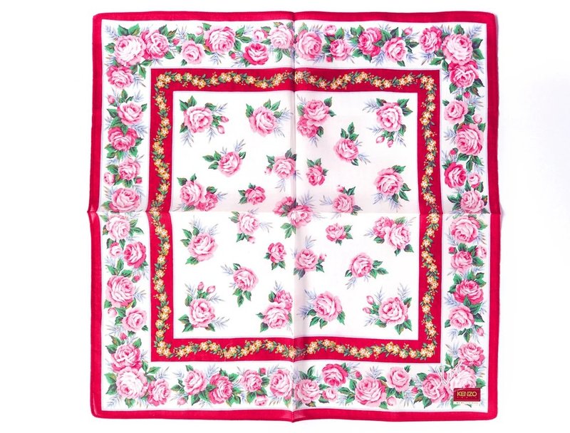 Kenzo Vintage Handkerchief Women Handkerchief Floral Roses 18 x 17.5inches - 手帕/方巾 - 棉．麻 红色
