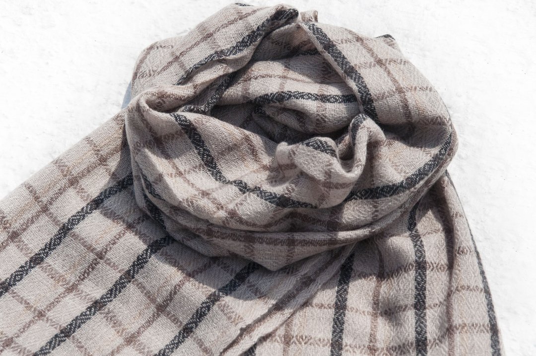 喀什米尔Cashmere/针织围巾/纯羊毛围巾/羊毛披巾-法式经典格纹 - 围巾/披肩 - 羊毛 卡其色