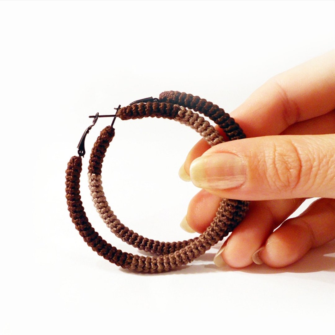 Autumn Earrings Crochet Tube Hoops Coffee Brown - 耳环/耳夹 - 绣线 咖啡色