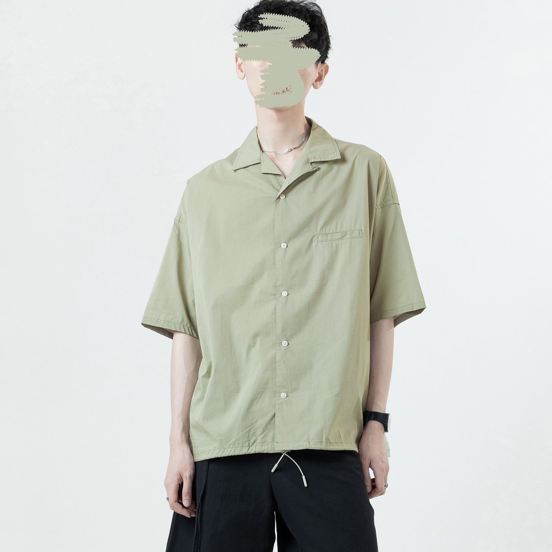 抽绳古巴领衬衫 / 绿 / - 男装衬衫 - 聚酯纤维 绿色
