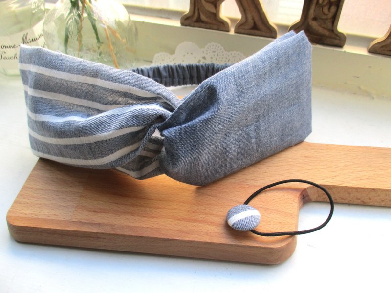 交叉发带(松紧手工)-日系双色/条纹 - 发饰 - 棉．麻 蓝色