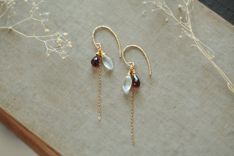 马眼月光石 红石榴石 14kgf麻花耳勾 耳环 发光 小资 礼物 生日 - 耳环/耳夹 - 半宝石 多色