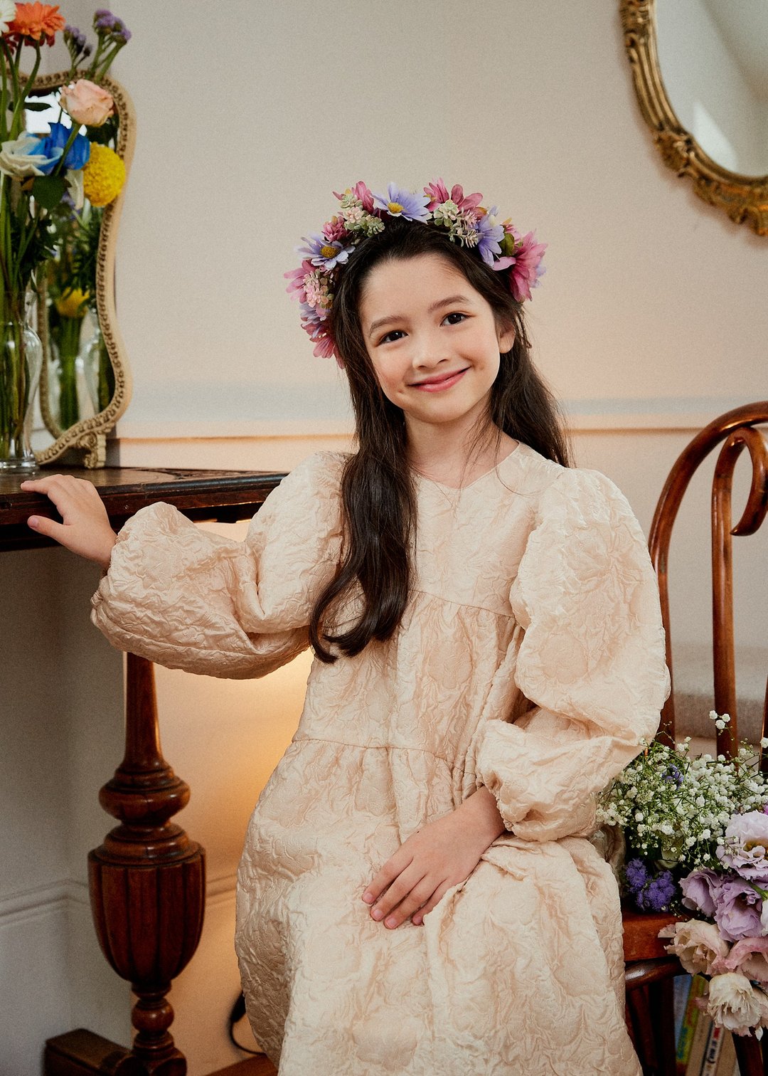花朵胸花连身裙 - 童装礼服/连衣裙 - 聚酯纤维 卡其色