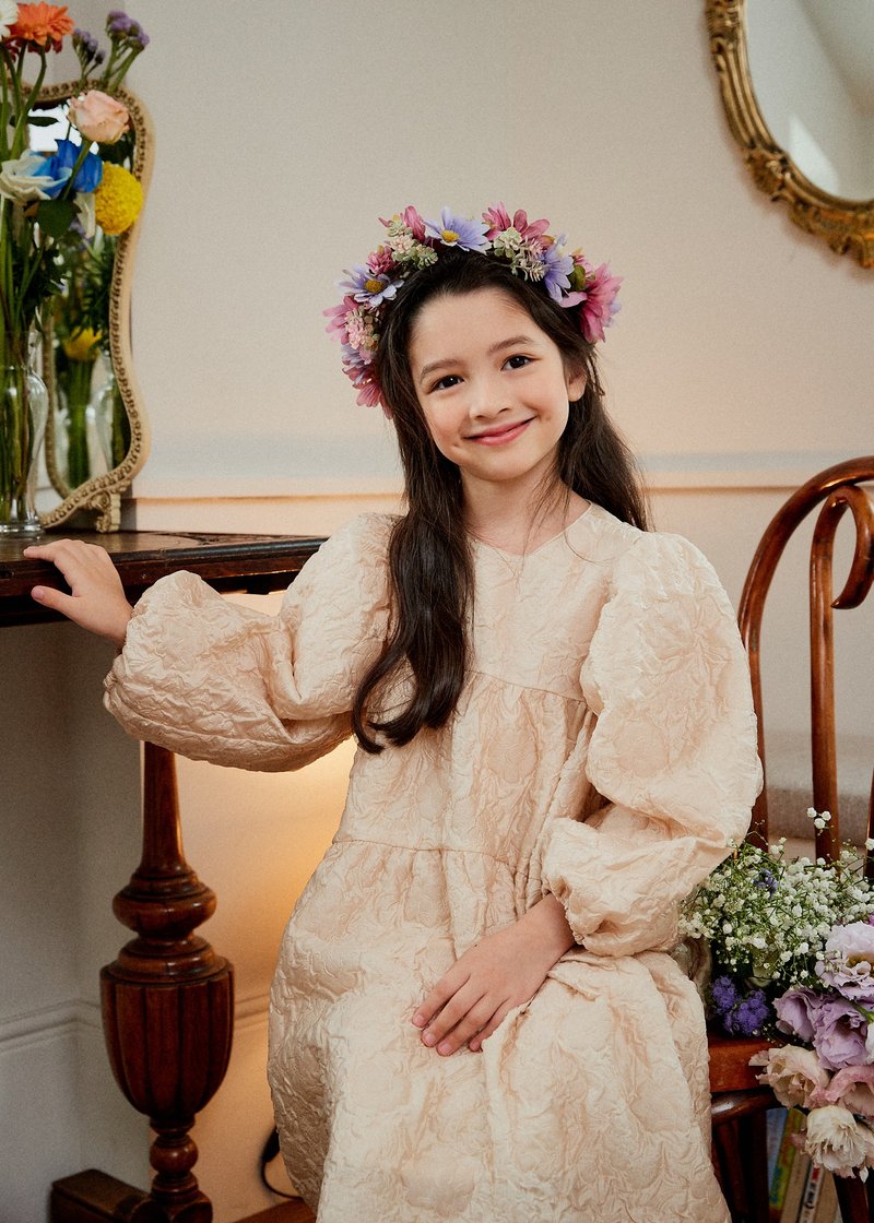 花朵胸花连身裙 - 童装礼服/连衣裙 - 聚酯纤维 卡其色