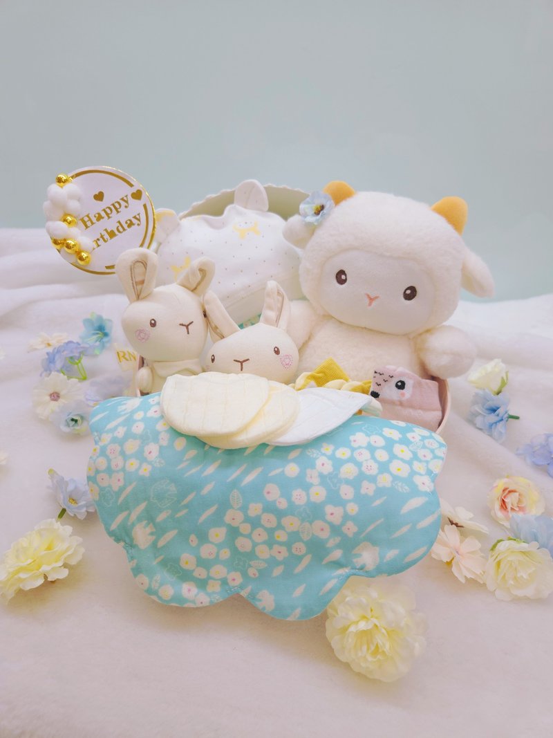 湖水蓝小花摇篮满月礼/弥月礼盒/生日/新生儿/送礼/口水巾 - 围嘴/口水巾 - 棉．麻 