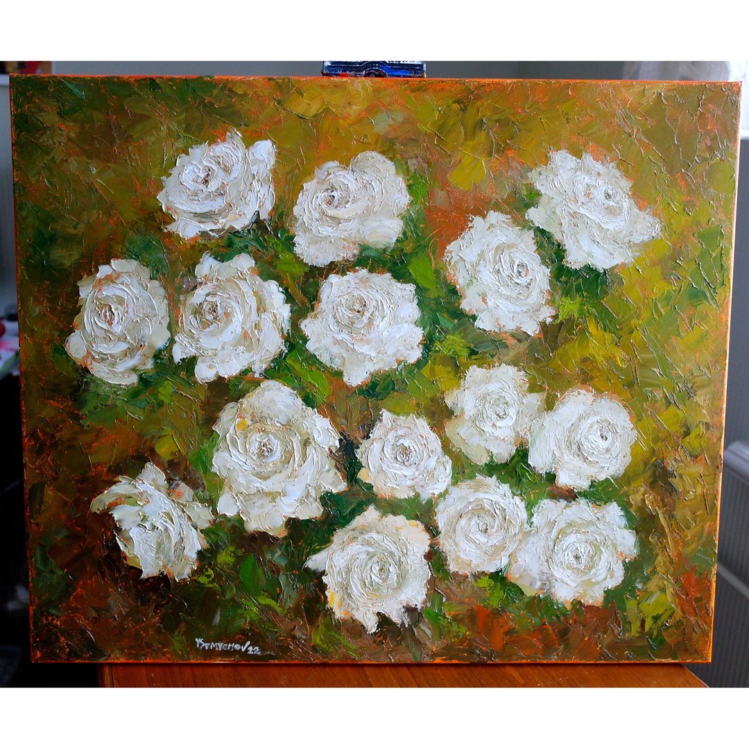 Roses Flowers Original Art Oil Painting Wall Decor White Wild Roses - 海报/装饰画/版画 - 其他材质 卡其色