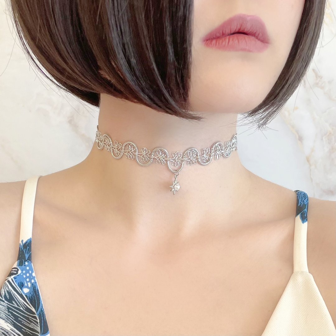 银/ 星球女神 / 星星和珍珠银编织项圈 SV078S - 颈链 - 聚酯纤维 银色