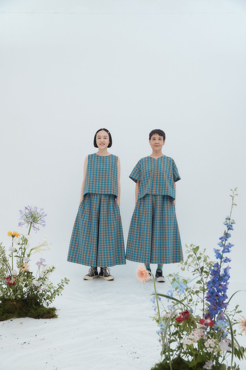 蓝绿格子套装 - 女装短裤 - 其他材质 蓝色