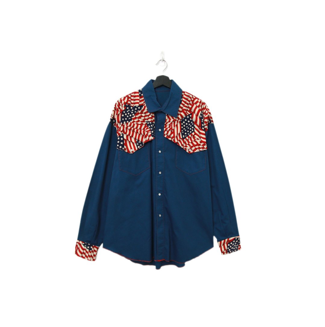 Back to Green-长袖衬衫 深蓝美国国旗 T-02//vintage shirt - 女装衬衫 - 棉 