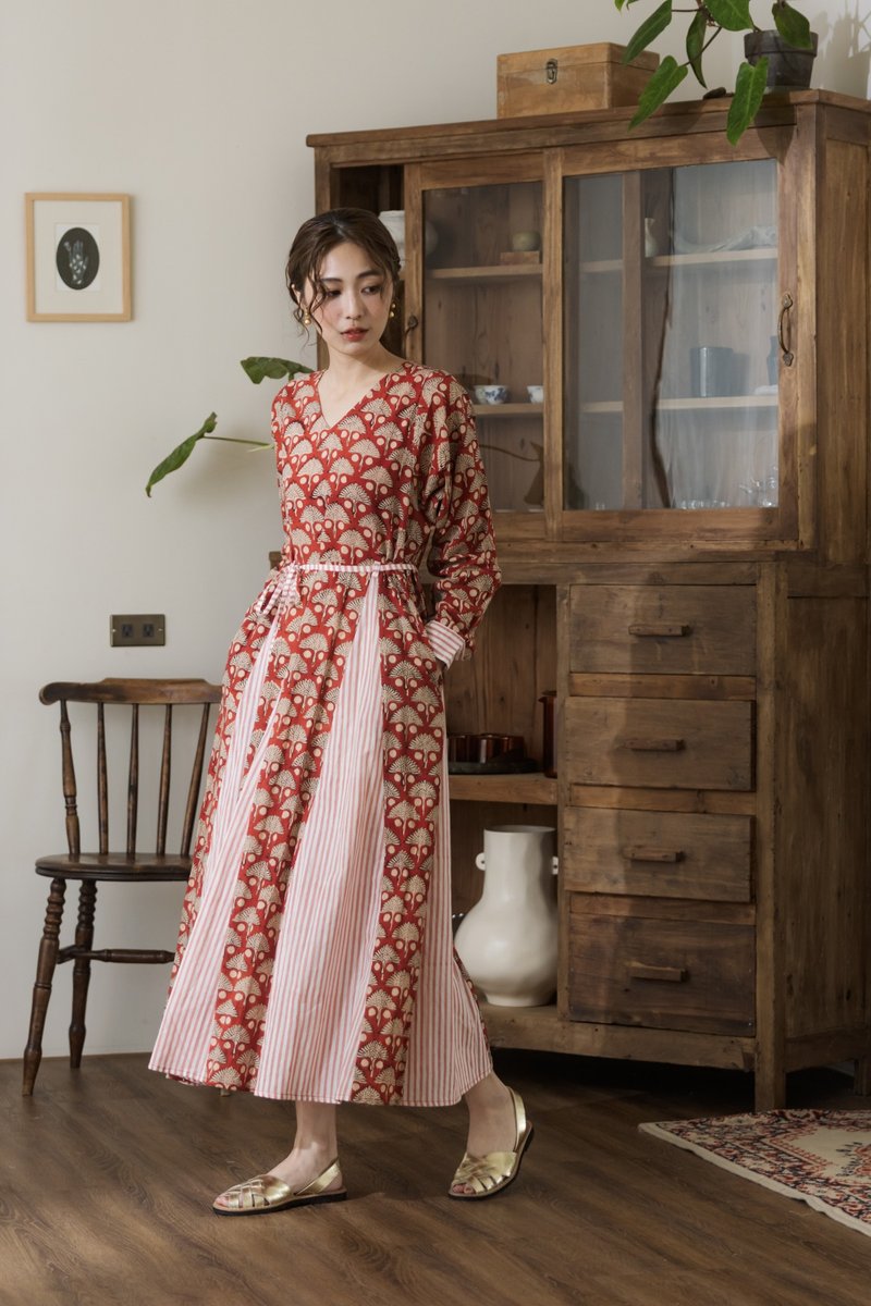 长袖直条花花拼接洋装_红橘 - 洋装/连衣裙 - 棉．麻 红色