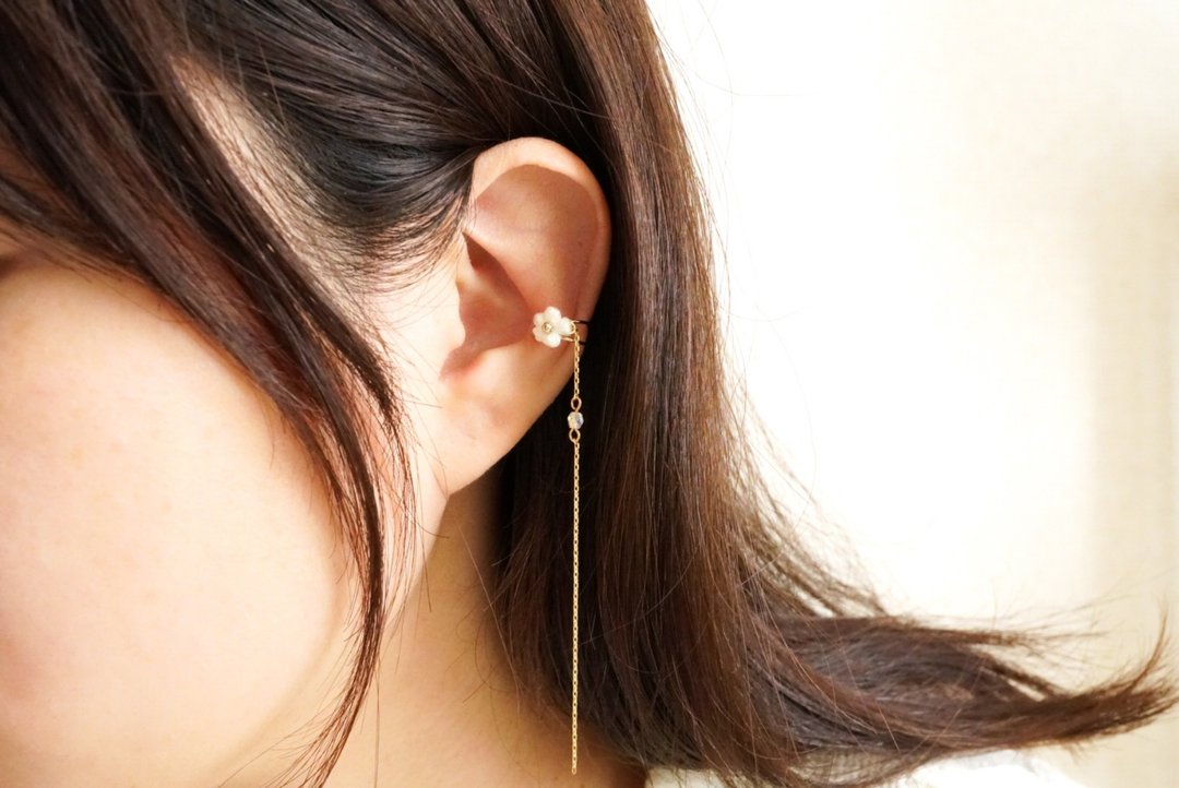 Embroidery thread crochet　ear cuff - 耳环/耳夹 - 绣线 白色