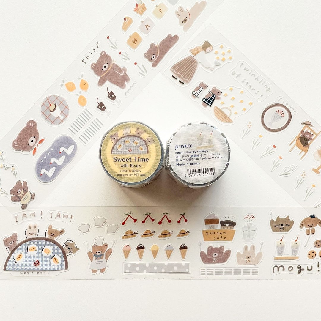 【预购 8 月中旬后出货】Sweet Time with Bears | Pinkoi × ranmyu 联名 PET 胶带 半切式 - 纸胶带 - 纸 白色